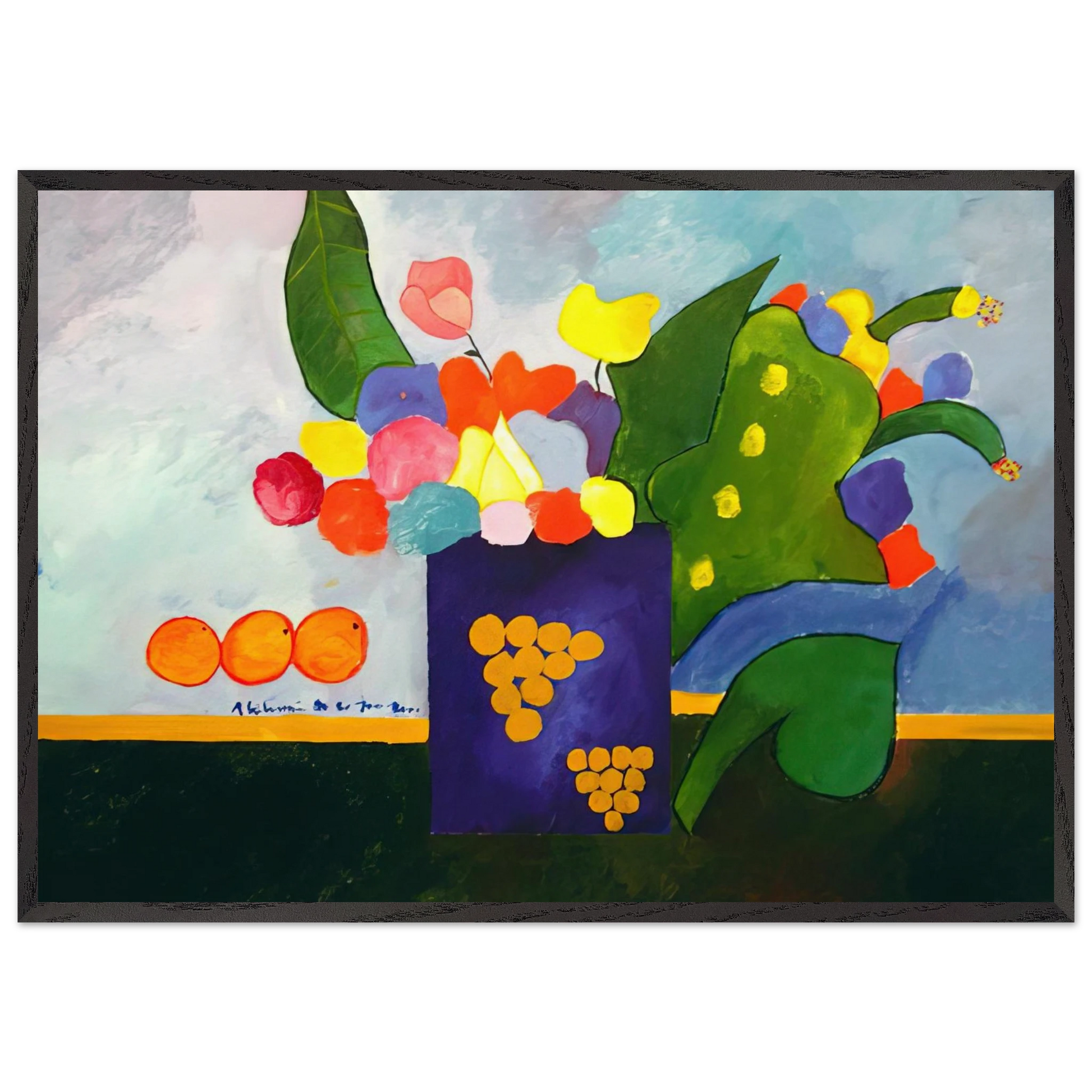 Vase With Flowers and Fruit - 2001 - Aldemir Martins Framed Art Print – Black Wooden Frame - Default Title - -Framed Art Print