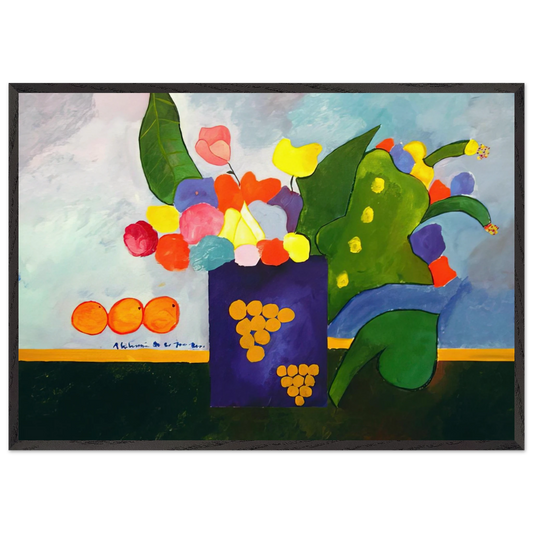 Vase With Flowers and Fruit - 2001 - Aldemir Martins Framed Art Print – Black Wooden Frame - Default Title - -Framed Art Print