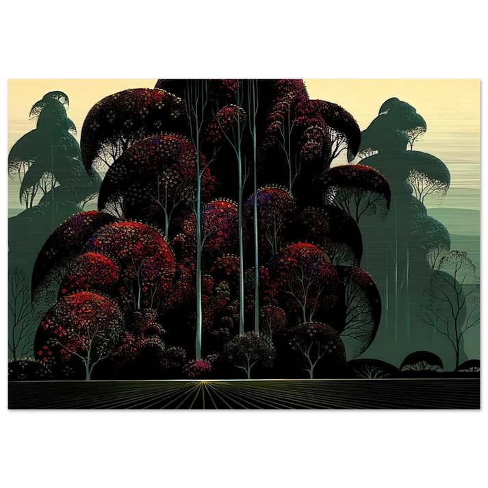 Crimson Autumn - Eyvind Earle Brushed Aluminum Print - 70x100 cm / 28x40 inches | Eyvind Earle Aluminum Print | Eyvind Earle Prints