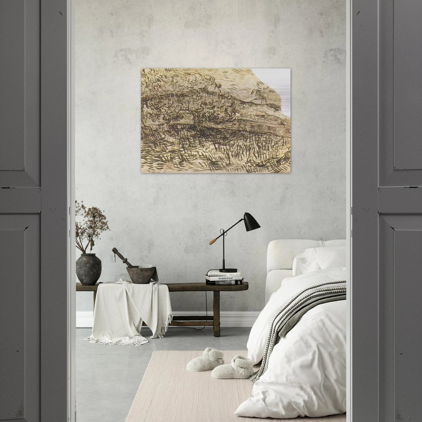 Olive Trees in a Mountain Landscape - Vincent van Gogh Brushed Aluminum Print - 70x100 cm / 28x40 inches | Vincent van Gogh Aluminum Print | Vincent van Gogh Prints