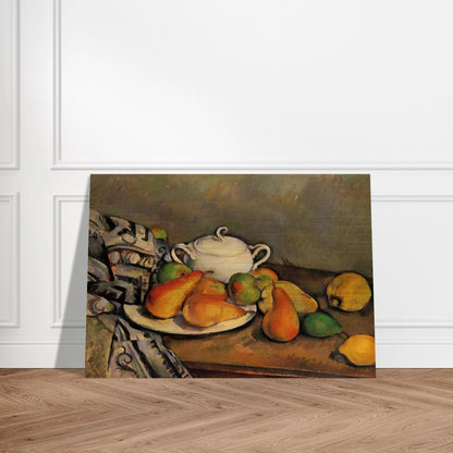 Sugarbowl, Pears and Tablecloth - Paul Cézanne Brushed Aluminum Print - 70x100 cm / 28x40 inches | Paul Cézanne Aluminum Print | Paul Cézanne Prints