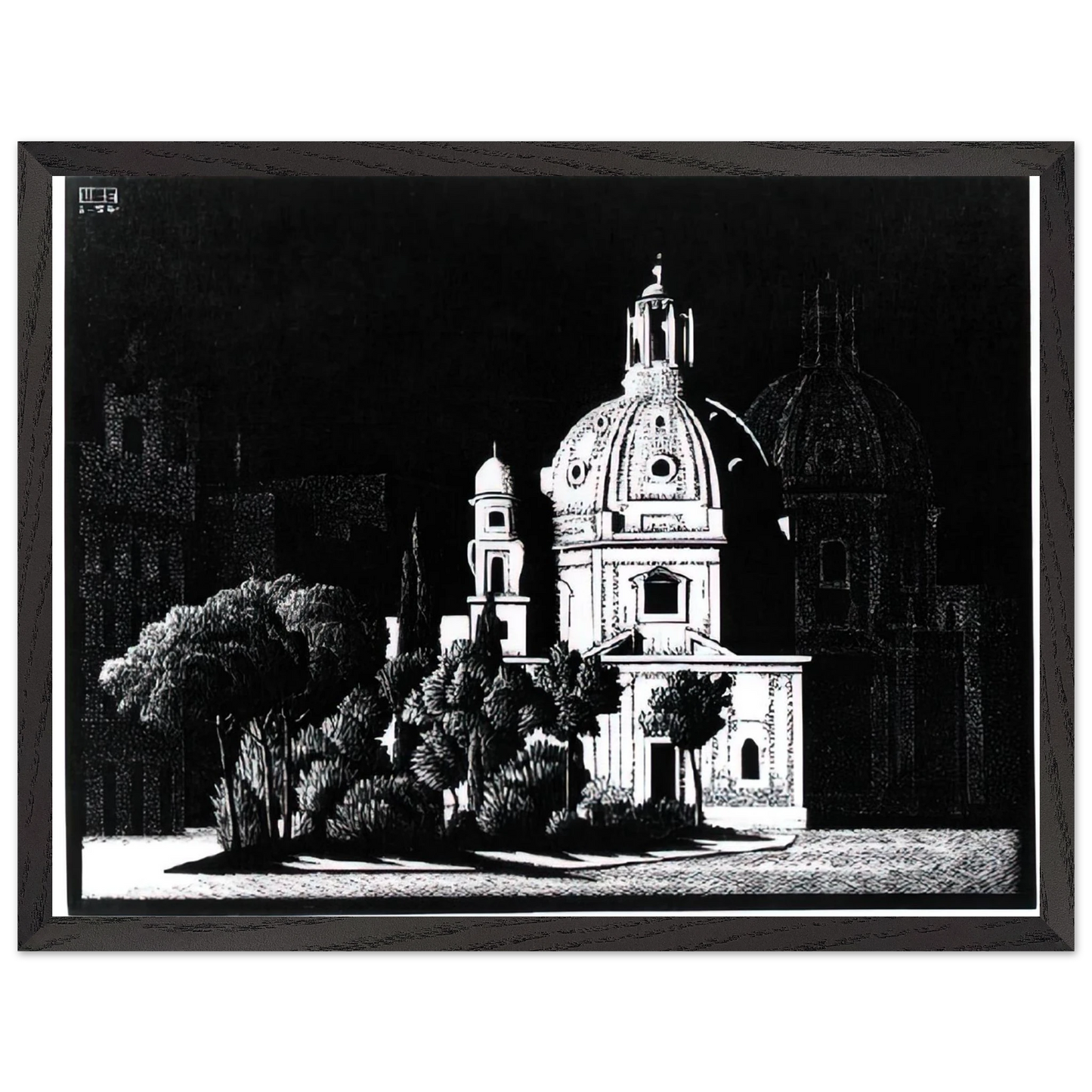 MC Escher - NOCTURNAL ROME 1 Wall Art - 21x29.7 cm / 8x12" - Premium Wooden Framed Poster With Fine Art Paper - Black frame