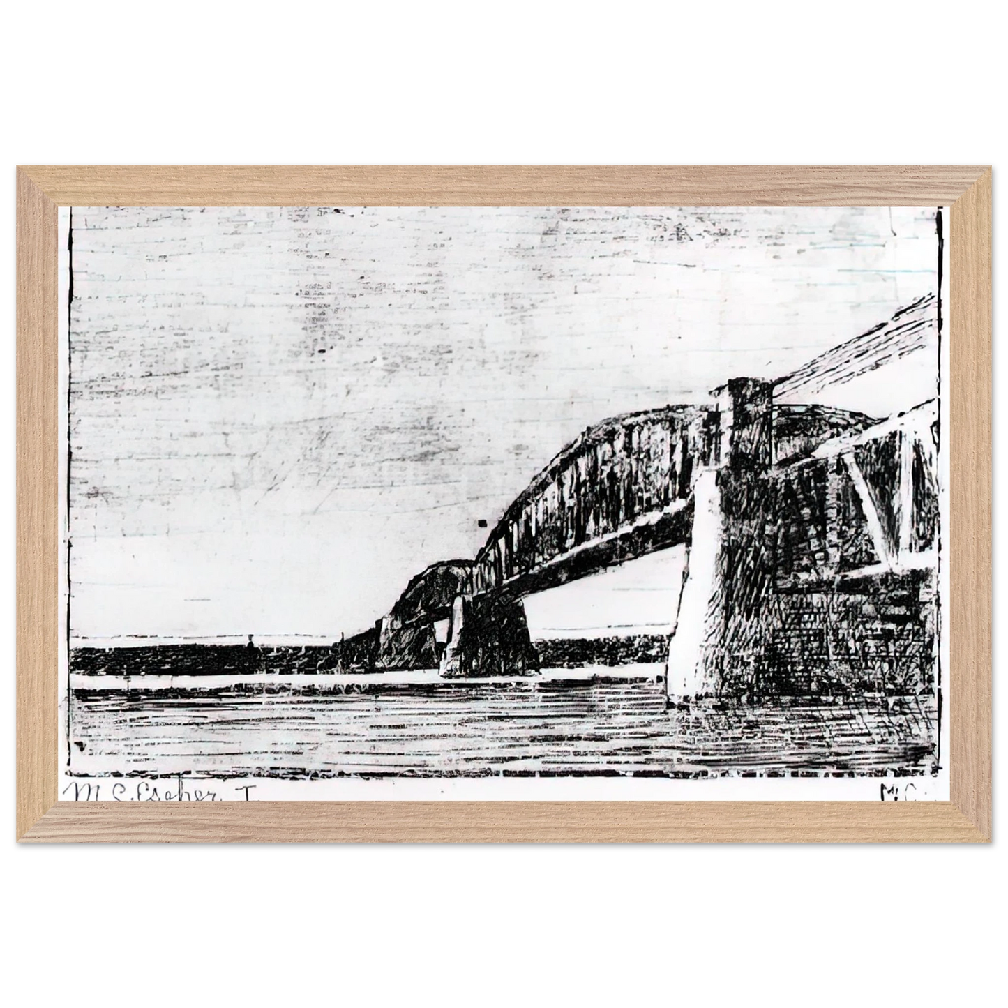 MC Escher - RAILWAY BRIDGE OOSTERBEEK Wall Art - 21x29.7 cm / 8x12" - Premium Wooden Framed Poster With Fine Art Paper - Wood frame