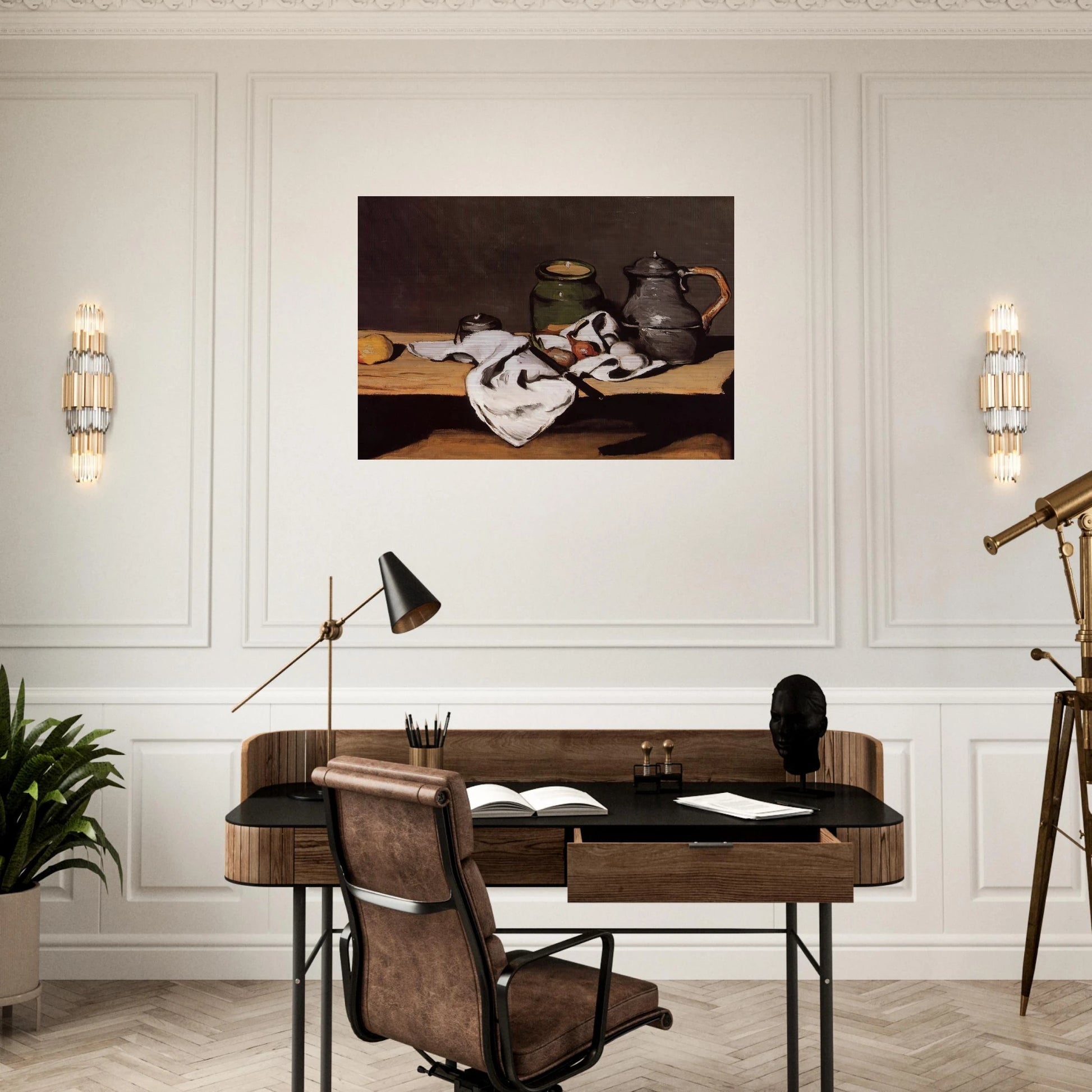 Still Life with Green Pot and Pewter Jug - Paul Cézanne Brushed Aluminum Print - 70x100 cm / 28x40 inches | Paul Cézanne Aluminum Print | Paul Cézanne Prints