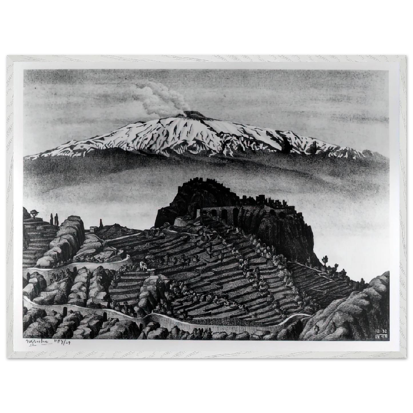 MC Escher - CASTEL MOLA AND MOUNT ETNA SICILY DECEMBER 1932 1932 Wall Art - 30x40 cm / 12x16 inches - Premium Wooden Framed Poster With Fine Art Paper - Wood frame
