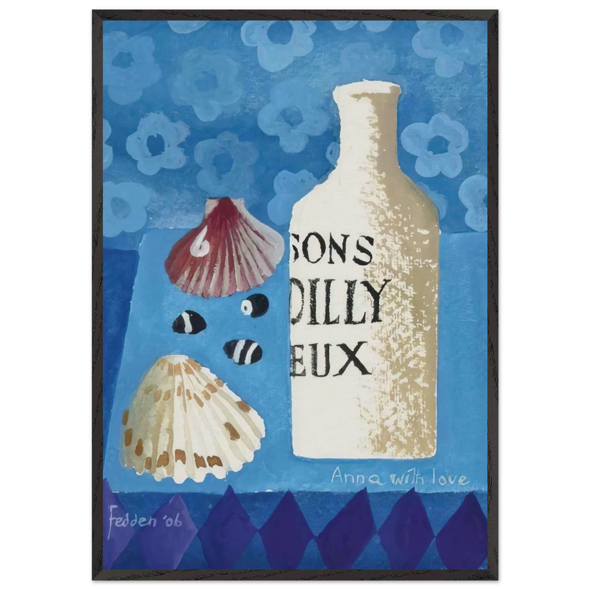 Still life with bottle and shells - 2006 - Mary Fedden Framed Art Print – Black Wooden Frame - Default Title - -Framed Art Print