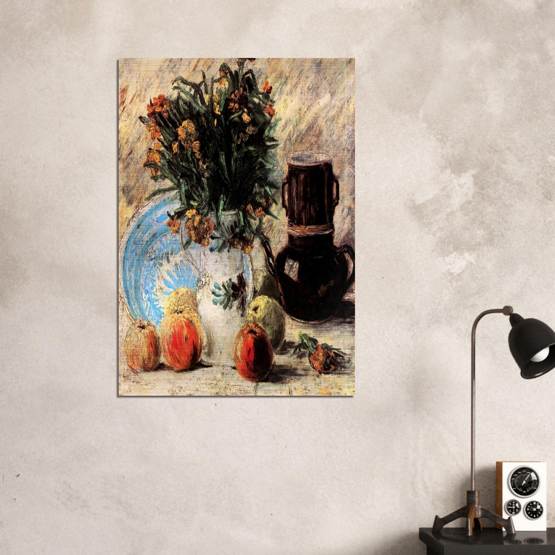 Vase with Flowers, Coffeepot and Fruit - Vincent van Gogh Brushed Aluminum Print - 70x100 cm / 28x40 inches | Vincent van Gogh Aluminum Print | Vincent van Gogh Prints