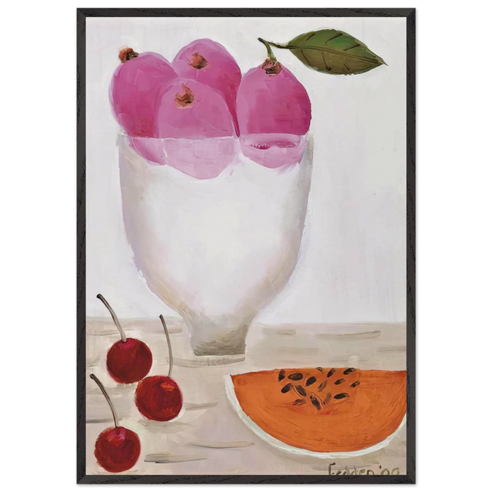 Three Cherries - 2000 - Mary Fedden 70x100 cm / 28x40 inches Framed Art Print – Black Wooden Frame