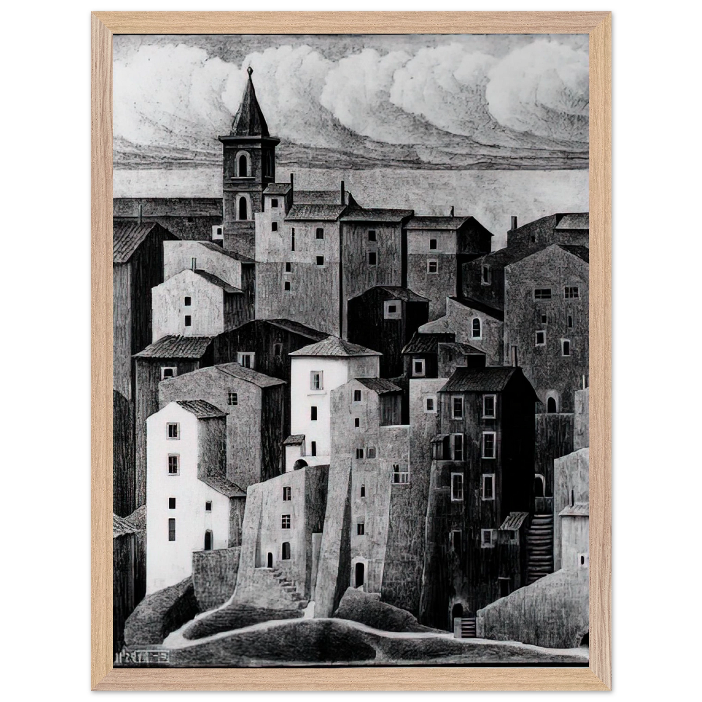 MC Escher - GENAZZANO ABRUZZI NOVEMBER 1929 1929 Wall Art - 30x40 cm / 12x16 inches - Premium Wooden Framed Poster With Fine Art Paper - Black frame