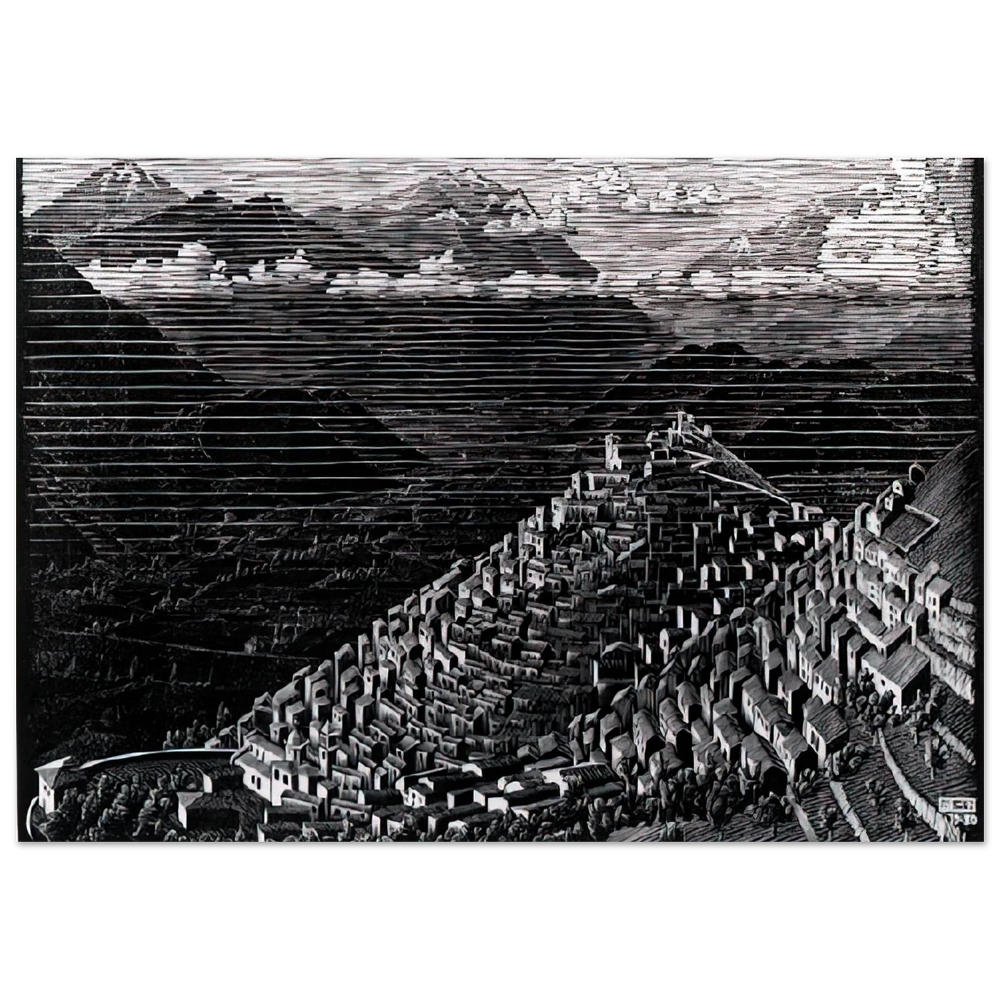 MC Escher - MORANO CALABRIA Wall Art - 60x80 cm / 24x32 inches - Premium Wooden Framed Poster With Fine Art Paper - Wood frame