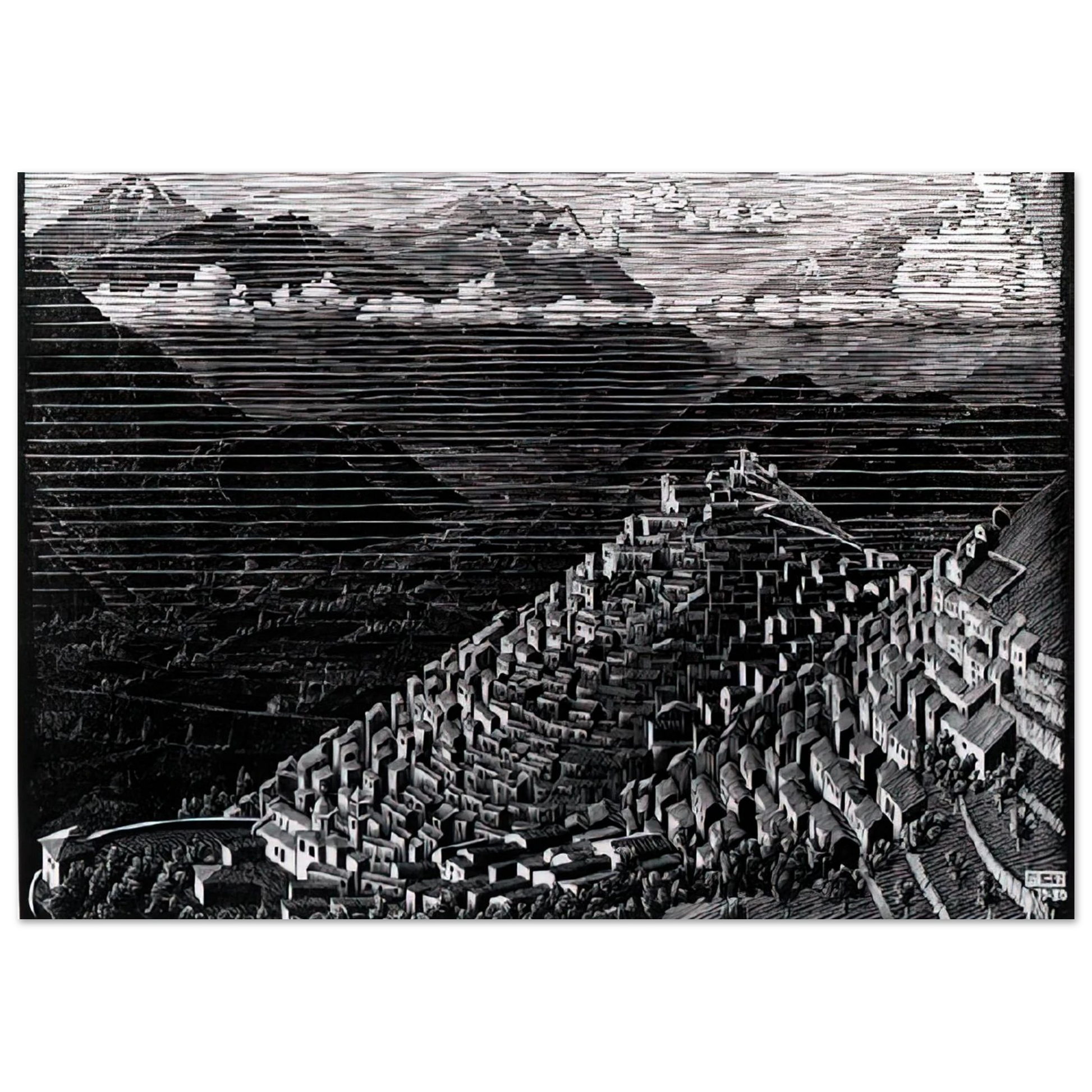 MC Escher - MORANO CALABRIA Wall Art - 60x80 cm / 24x32 inches - Premium Wooden Framed Poster With Fine Art Paper - Wood frame