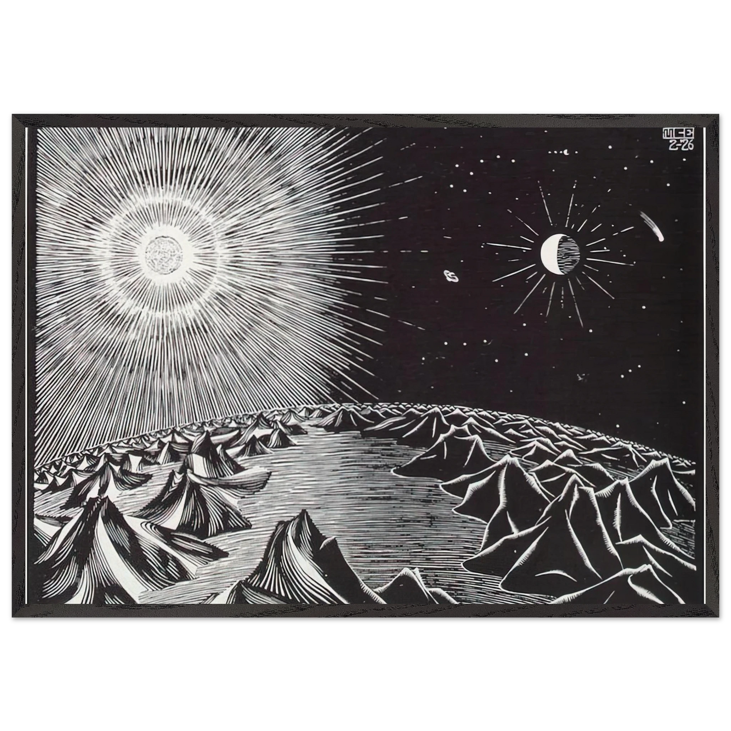 THE 4TH DAY OF THE CREATION - MC Escher Framed Art Print – Black Wooden Frame - Default Title - -Framed Art Print