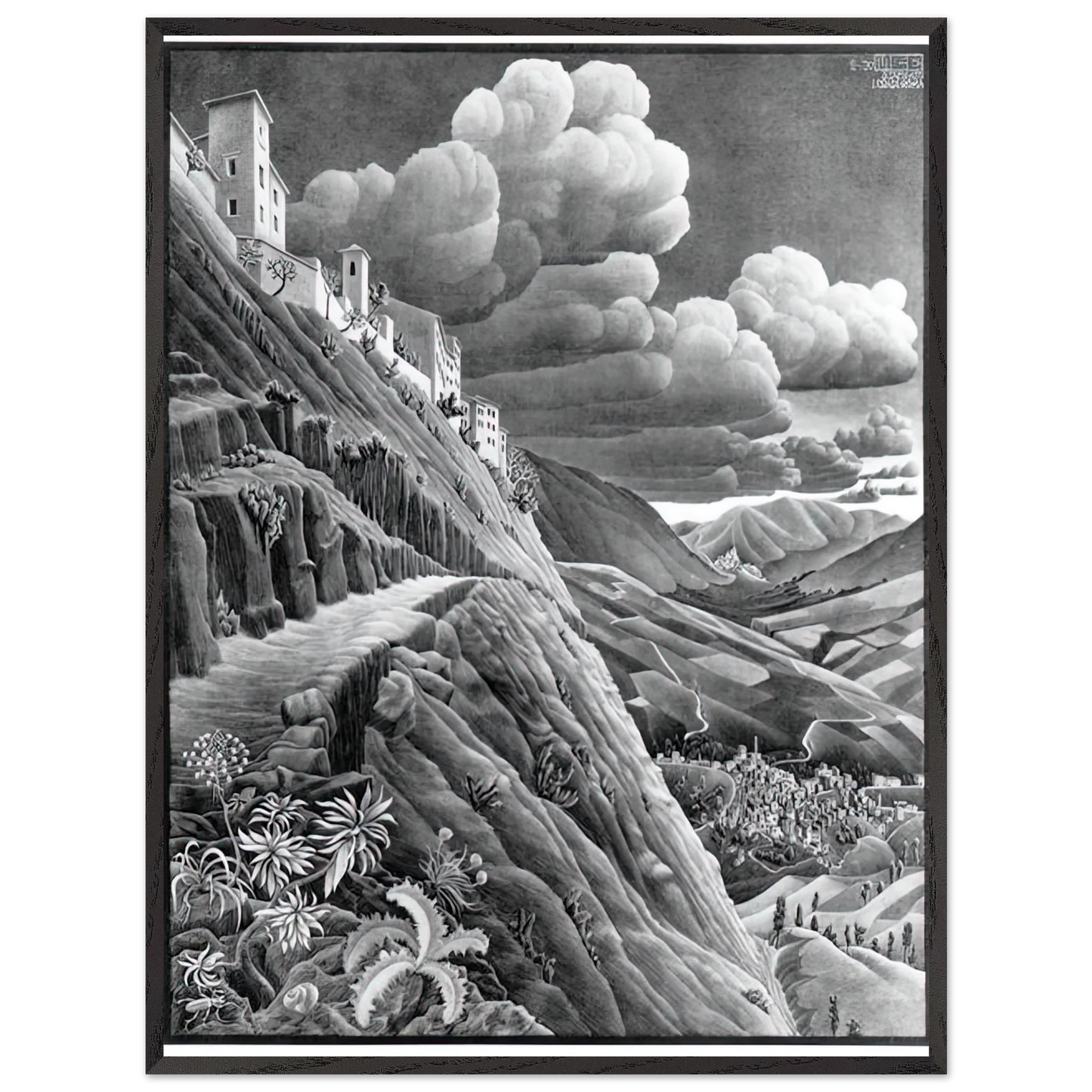 MC Escher - CASTROVALVA Wall Art - 30x40 cm / 12x16 inches - Premium Wooden Framed Poster With Fine Art Paper - Black frame