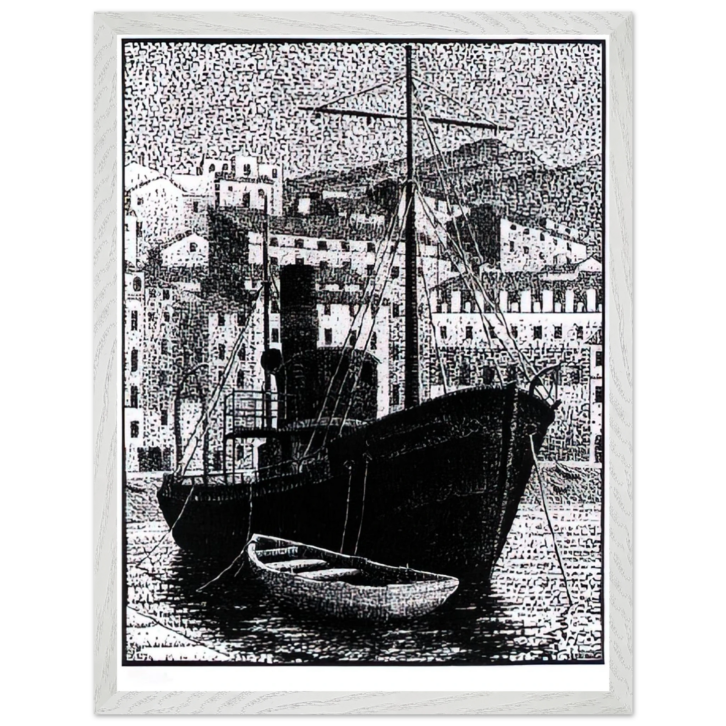 MC Escher - TUGBOAT OLD HARBOR OF BASTIA JANUARY 1934 1934 Wall Art - 21x29.7 cm / 8x12" - Premium Wooden Framed Poster With Fine Art Paper - Wood frame