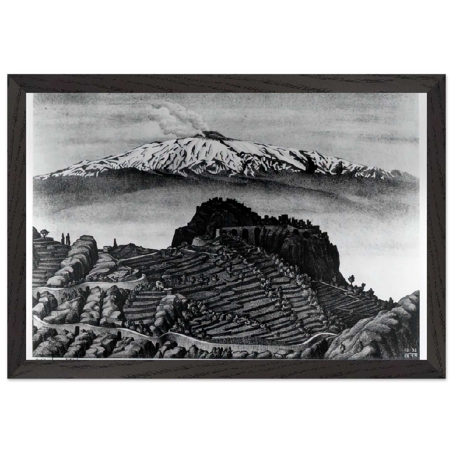 MC Escher - CASTEL MOLA AND MOUNT ETNA SICILY DECEMBER 1932 1932 Wall Art - 21x29.7 cm / 8x12" - Premium Wooden Framed Poster With Fine Art Paper - Wood frame