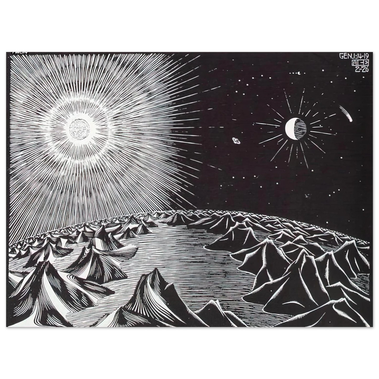 MC Escher - THE 4TH DAY OF THE CREATION Wall Art - 21x29.7 cm / 8x12" - Premium Wooden Framed Poster With Fine Art Paper - Black frame