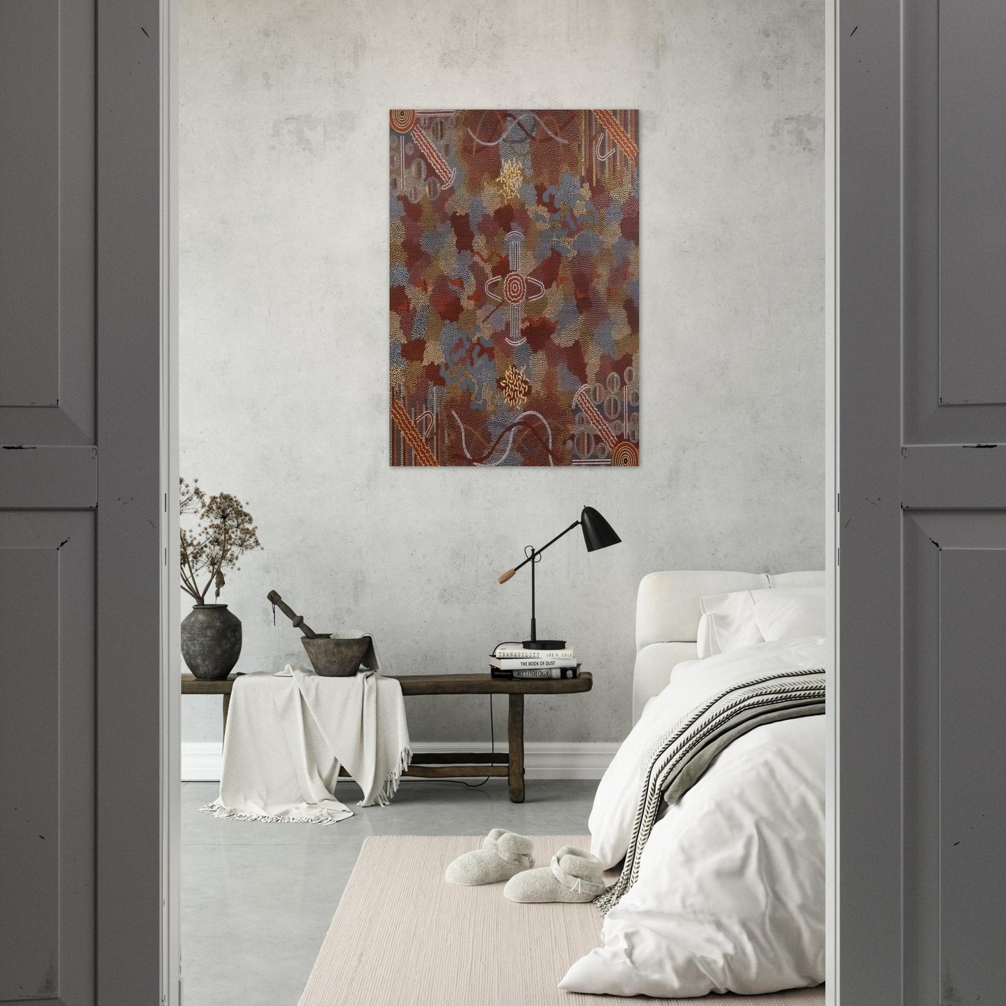 Frog Dreaming - 1989 - Clifford Possum Tjapaltjarri Brushed Aluminum Print - 70x100 cm / 28x40 inches | Clifford Possum Tjapaltjarri Aluminum Print | Clifford Possum Tjapaltjarri Prints