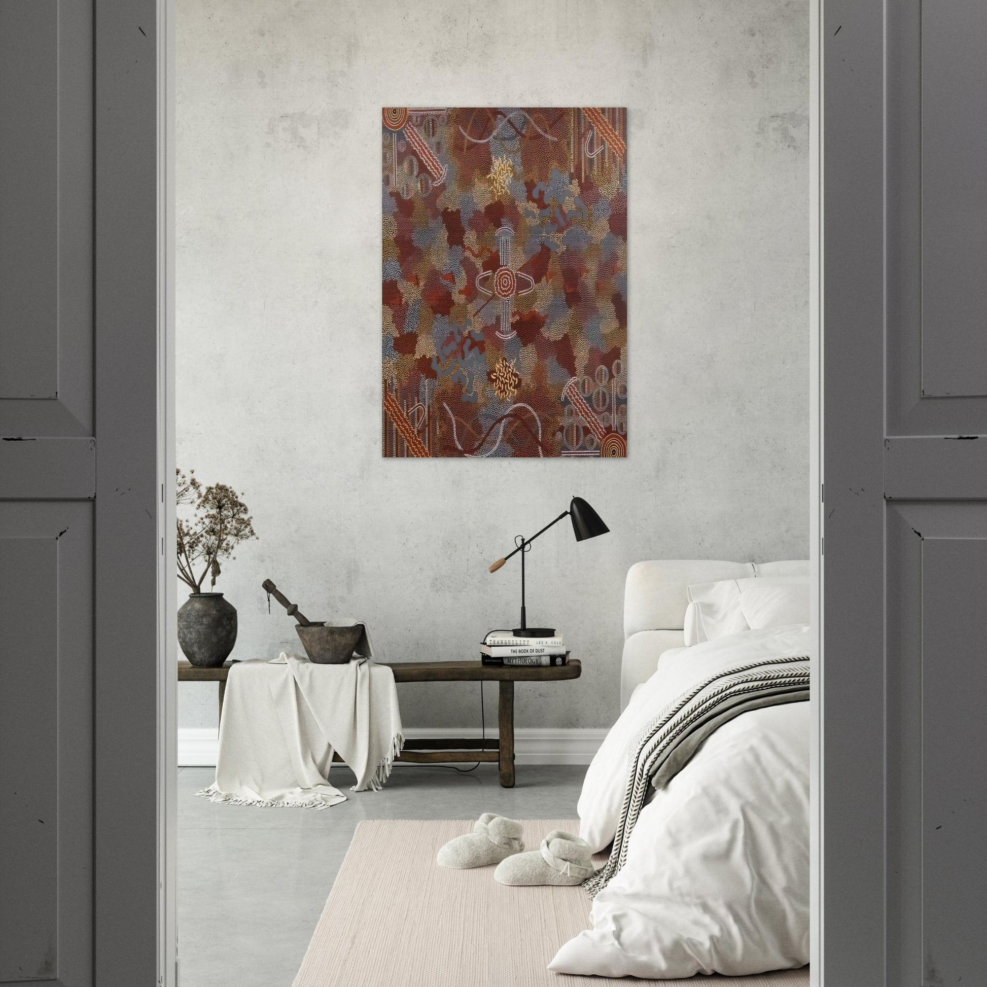 Frog Dreaming - 1989 - Clifford Possum Tjapaltjarri Brushed Aluminum Print - 70x100 cm / 28x40 inches | Clifford Possum Tjapaltjarri Aluminum Print | Clifford Possum Tjapaltjarri Prints