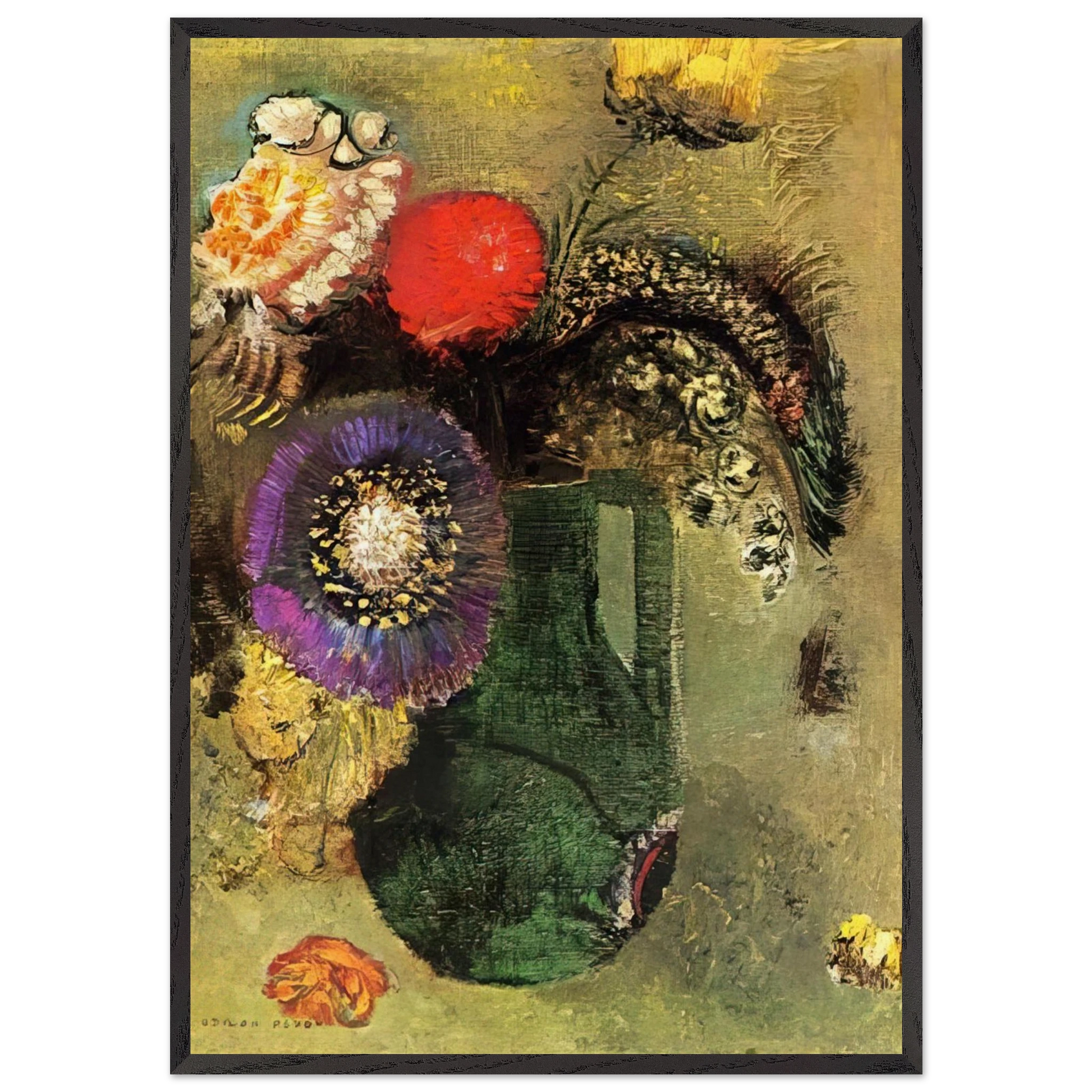 FLOWERS IN GREEN VASE WITH HANDLES - Odilon Redon Framed Art Print – Black Wooden Frame - Default Title - -Framed Art Print