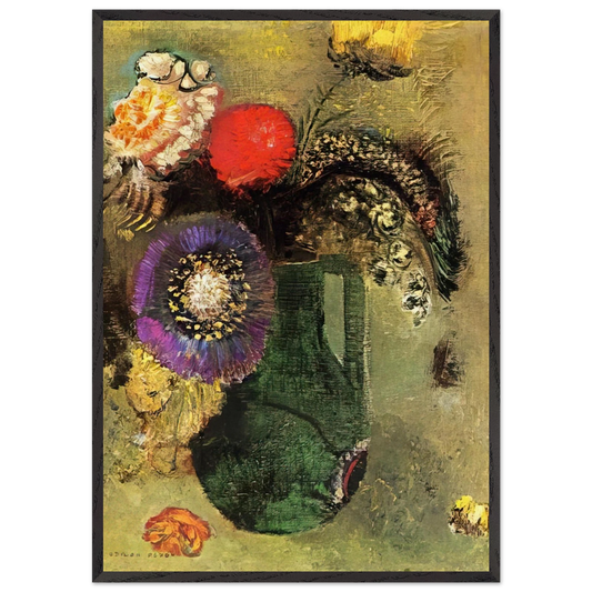 FLOWERS IN GREEN VASE WITH HANDLES - Odilon Redon 70x100 cm / 28x40 inches Framed Art Print – Black Wooden Frame