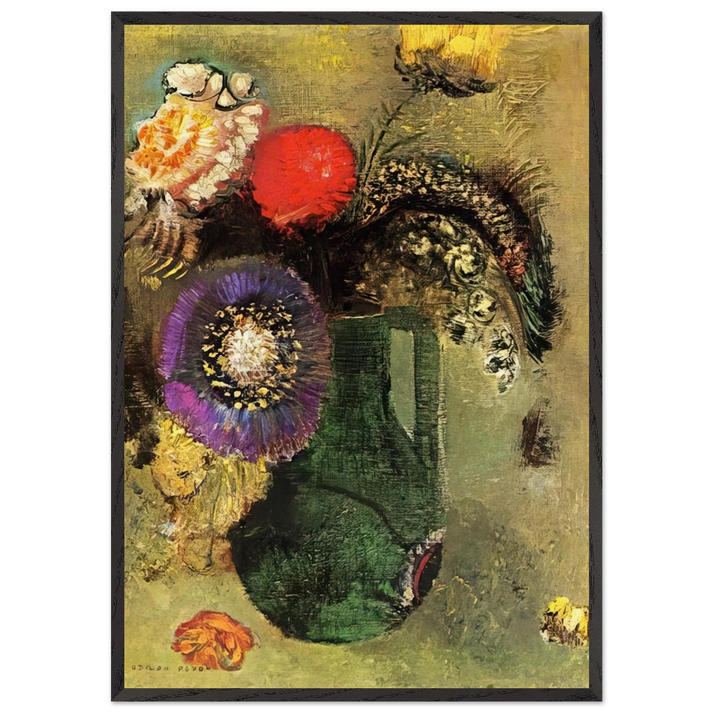 FLOWERS IN GREEN VASE WITH HANDLES - Odilon Redon 70x100 cm / 28x40 inches Framed Art Print – Black Wooden Frame